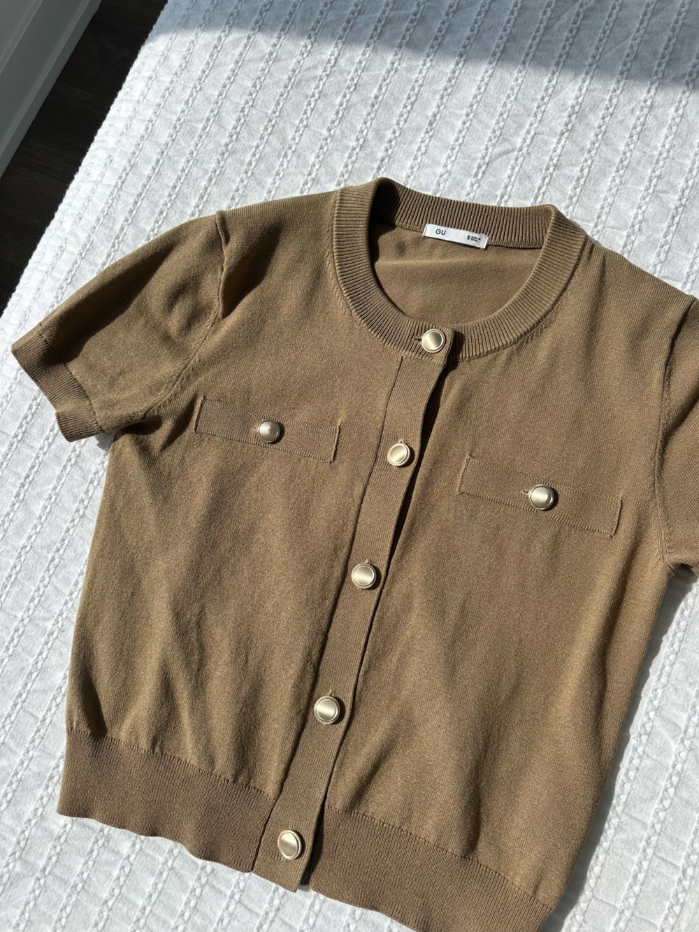 Tan Short-Sleeve Gold Button Cardigan